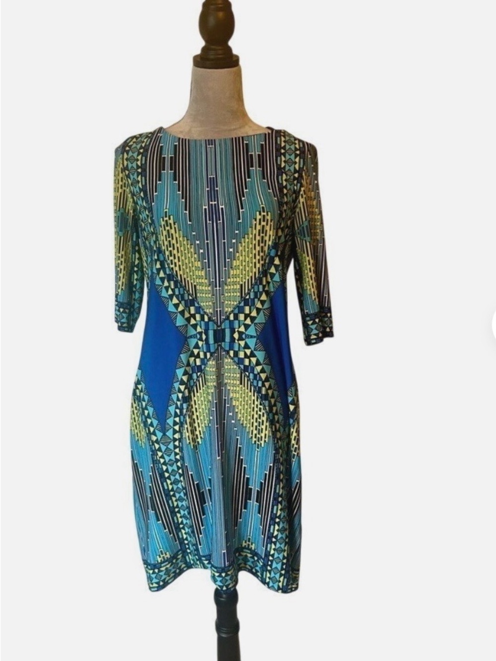 Sandra Darren Blue and Teal Geometric Midi Dress